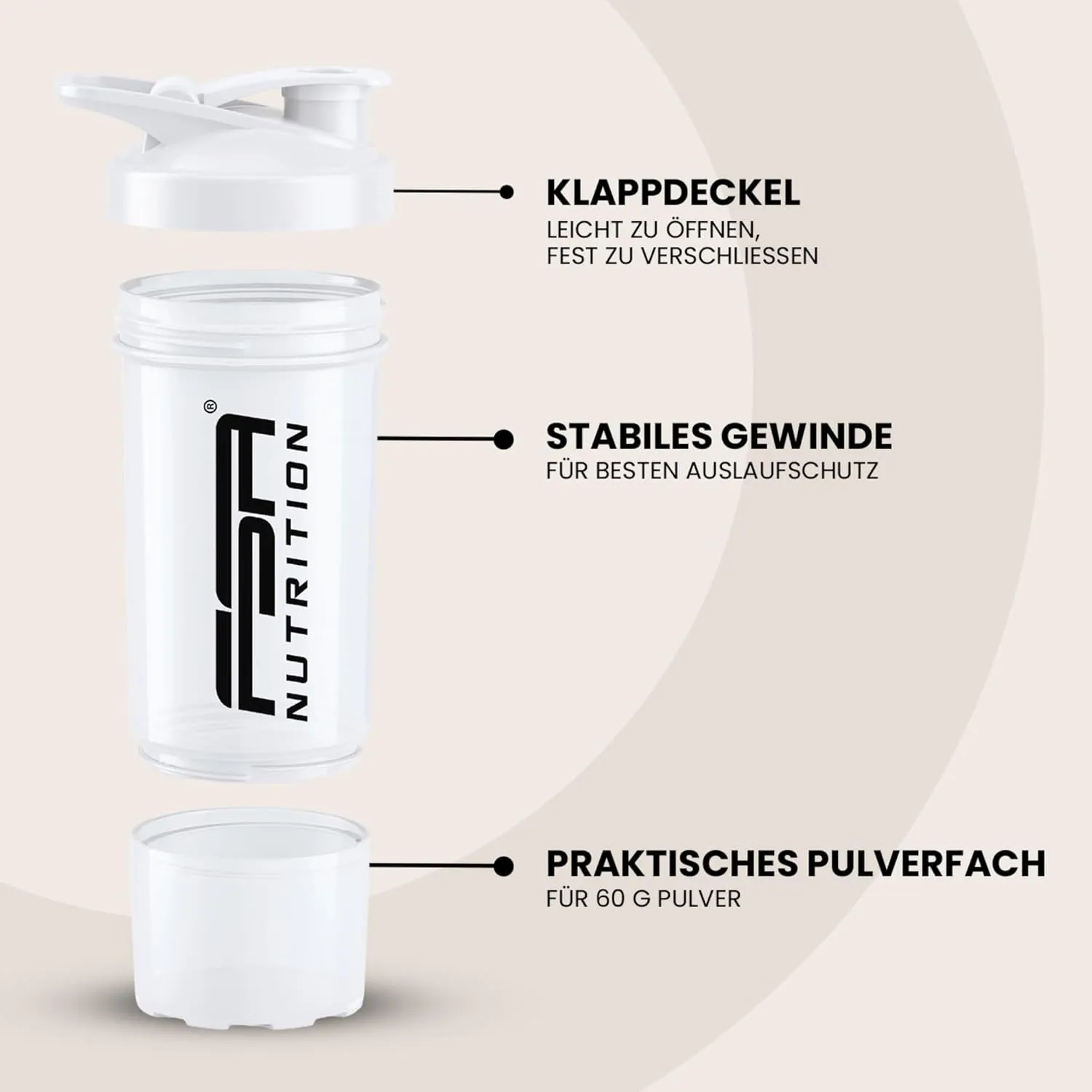 FSA Nutrition Protein Shaker Pulverfach Weiß mit Kugel
