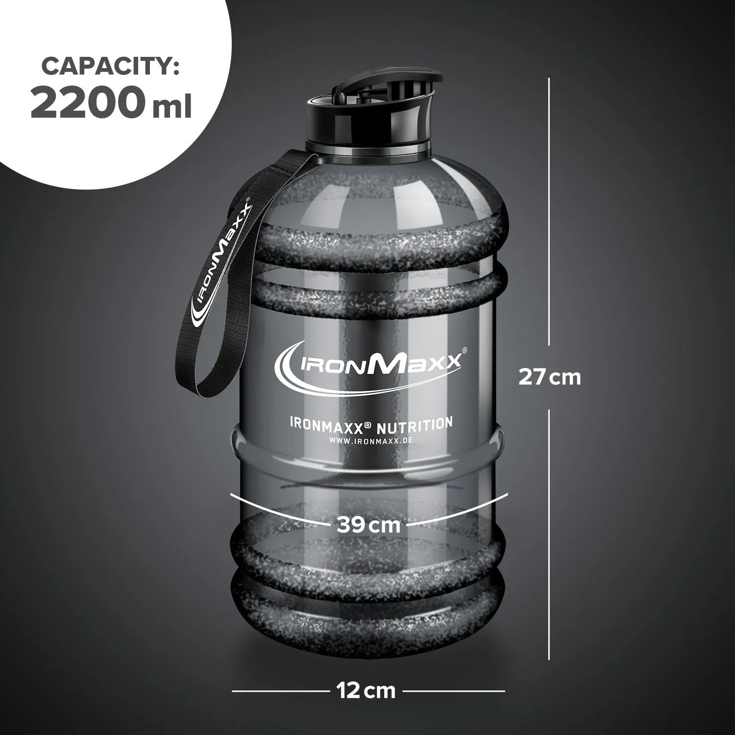 IronMaxx Water Gallon Trinkflasche 2200ml Grau BPA-frei