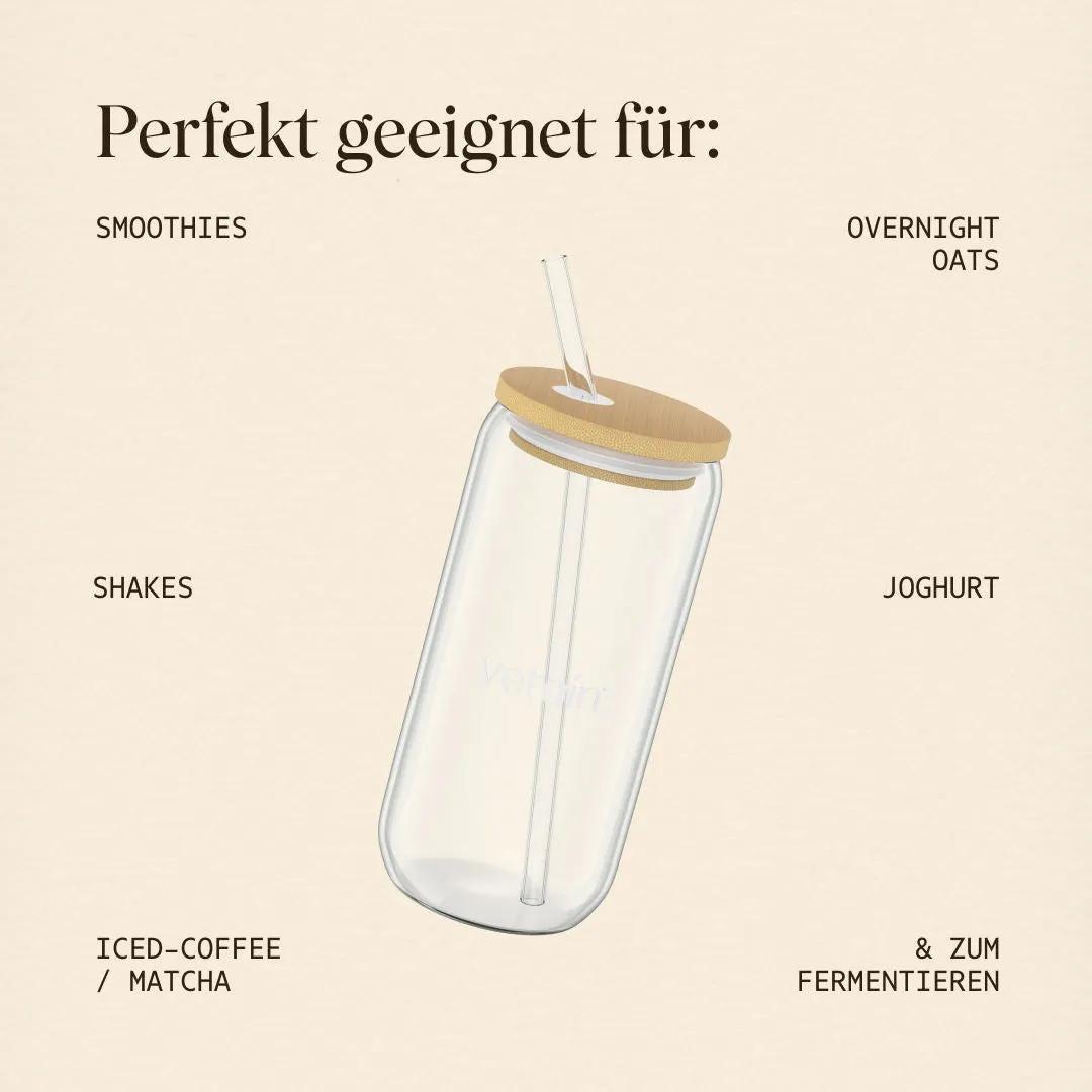 Vetain Trinkglas mit Strohhalm nachhaltig Logo