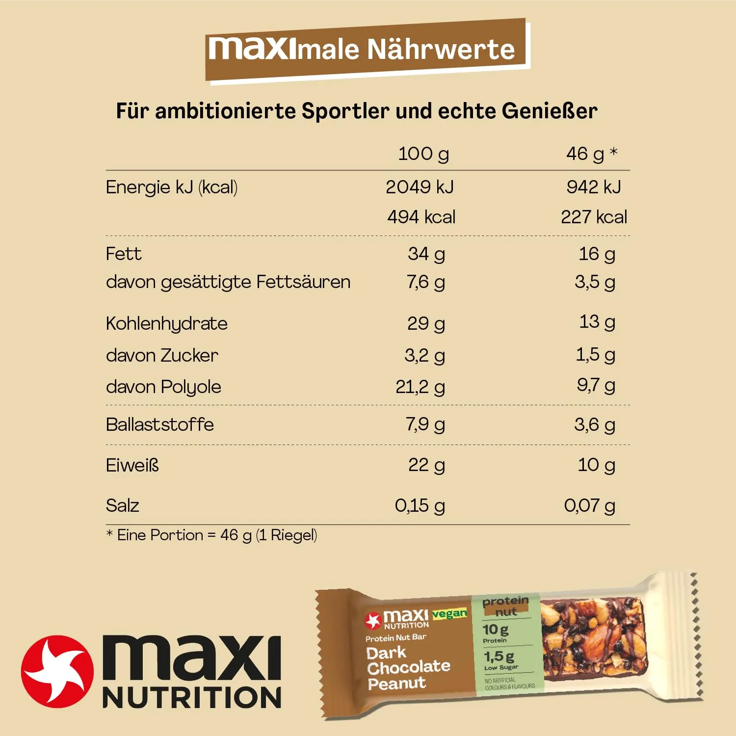 MaxiNutrition Protein Nut Bar Dark Chocolate Peanut Riegel 12x46g