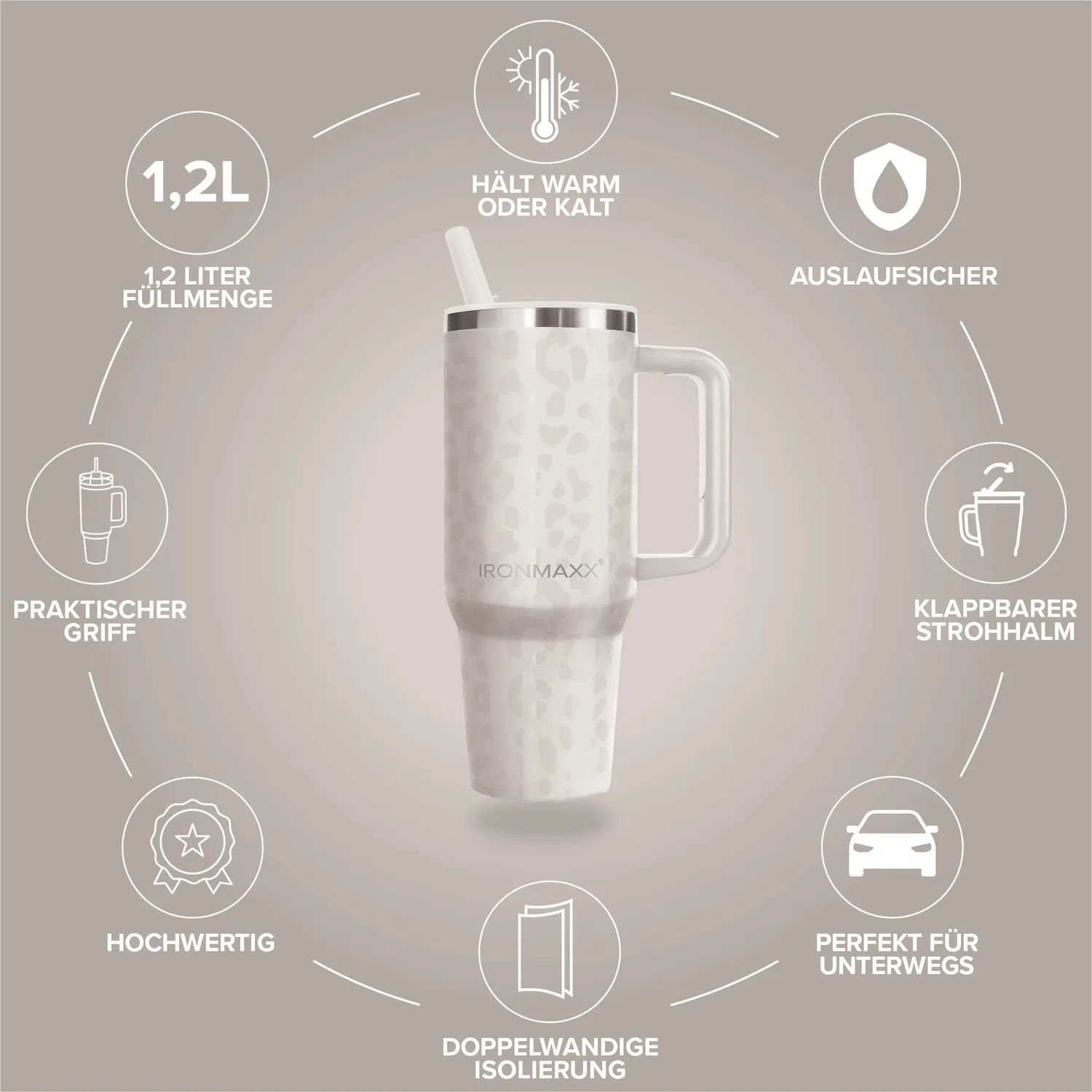 IronMaxx Cup V4.0 Trinkbecher 1200ml Leo-Style Ivory