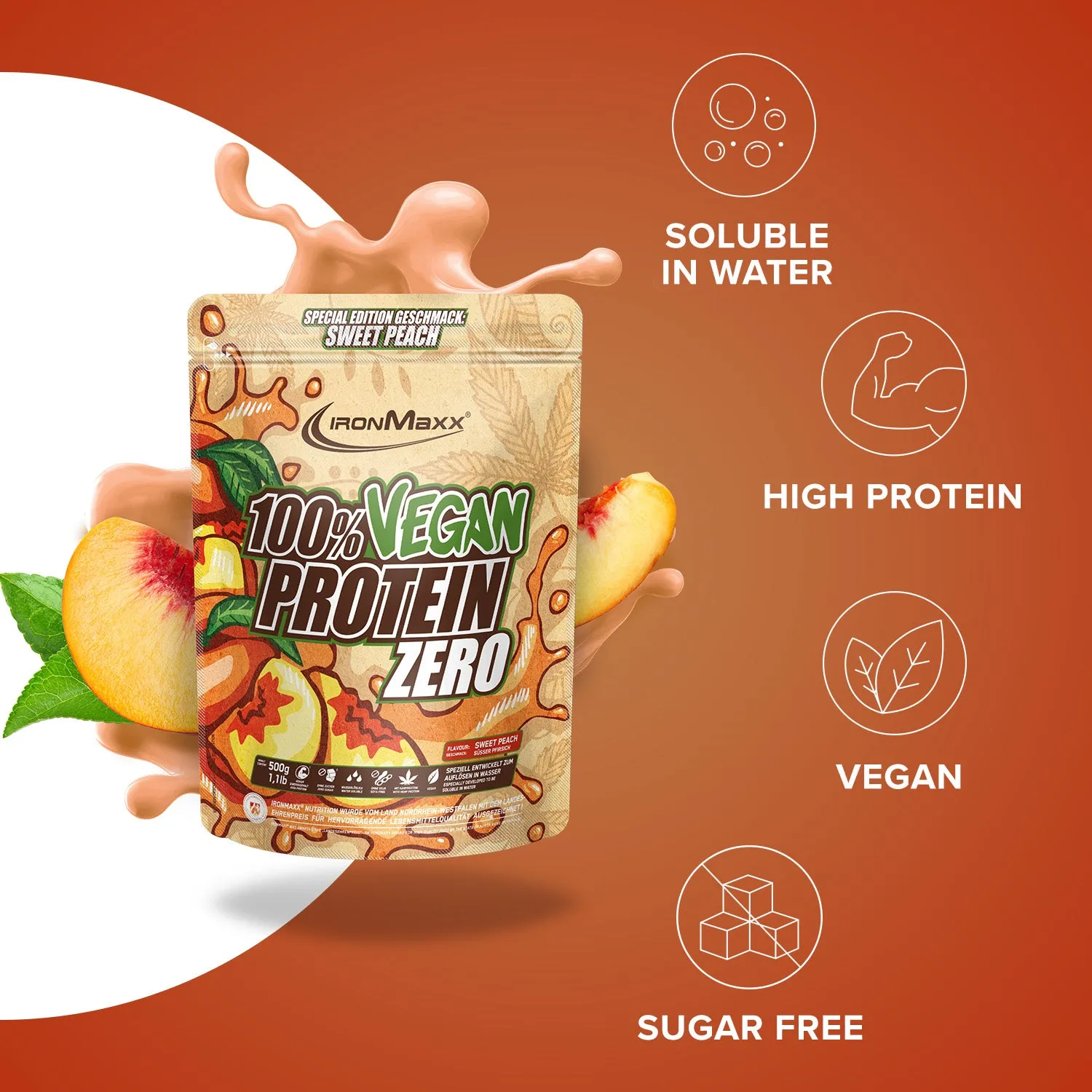 IronMaxx 100% Vegan Protein Zero Proteinpulver 500g Sweet Peach zuckerfrei