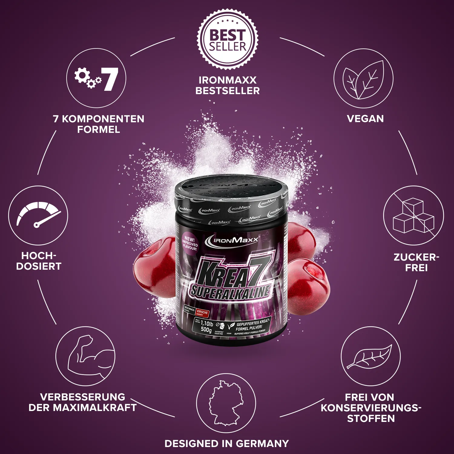 IronMaxx Krea7 Superalkaline Kreatin Kirsche 500g vegan