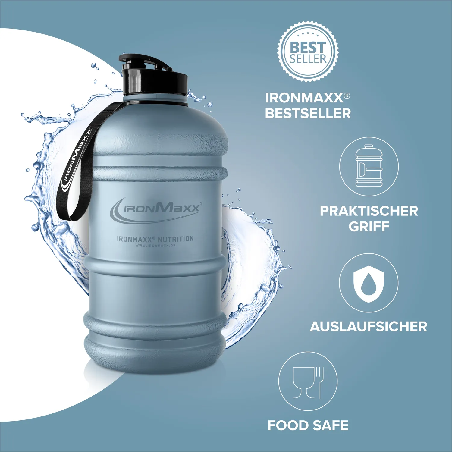 IronMaxx Water Gallon Trinkflasche Kyanite Blue 2200ml BPA-frei