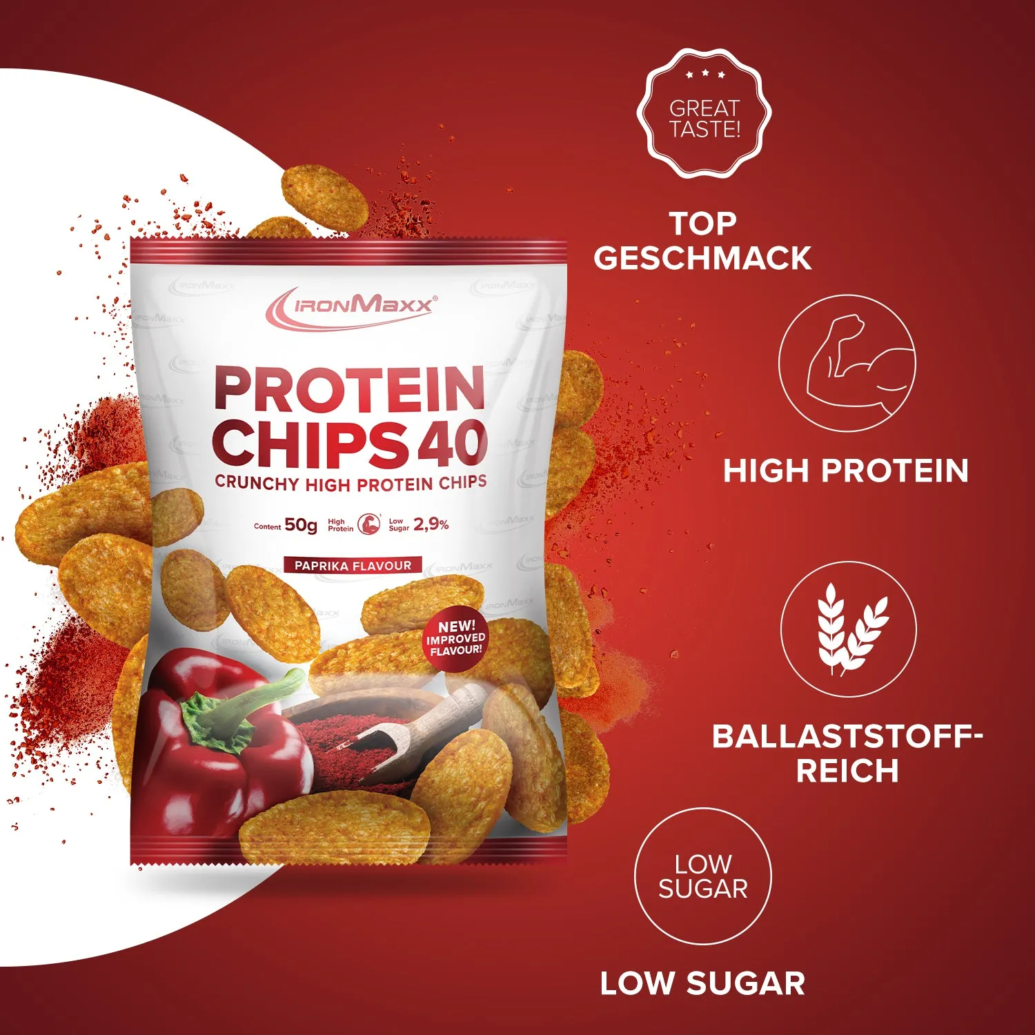 IronMaxx Protein Chips 40 Protein Snack 50g Paprika gebacken