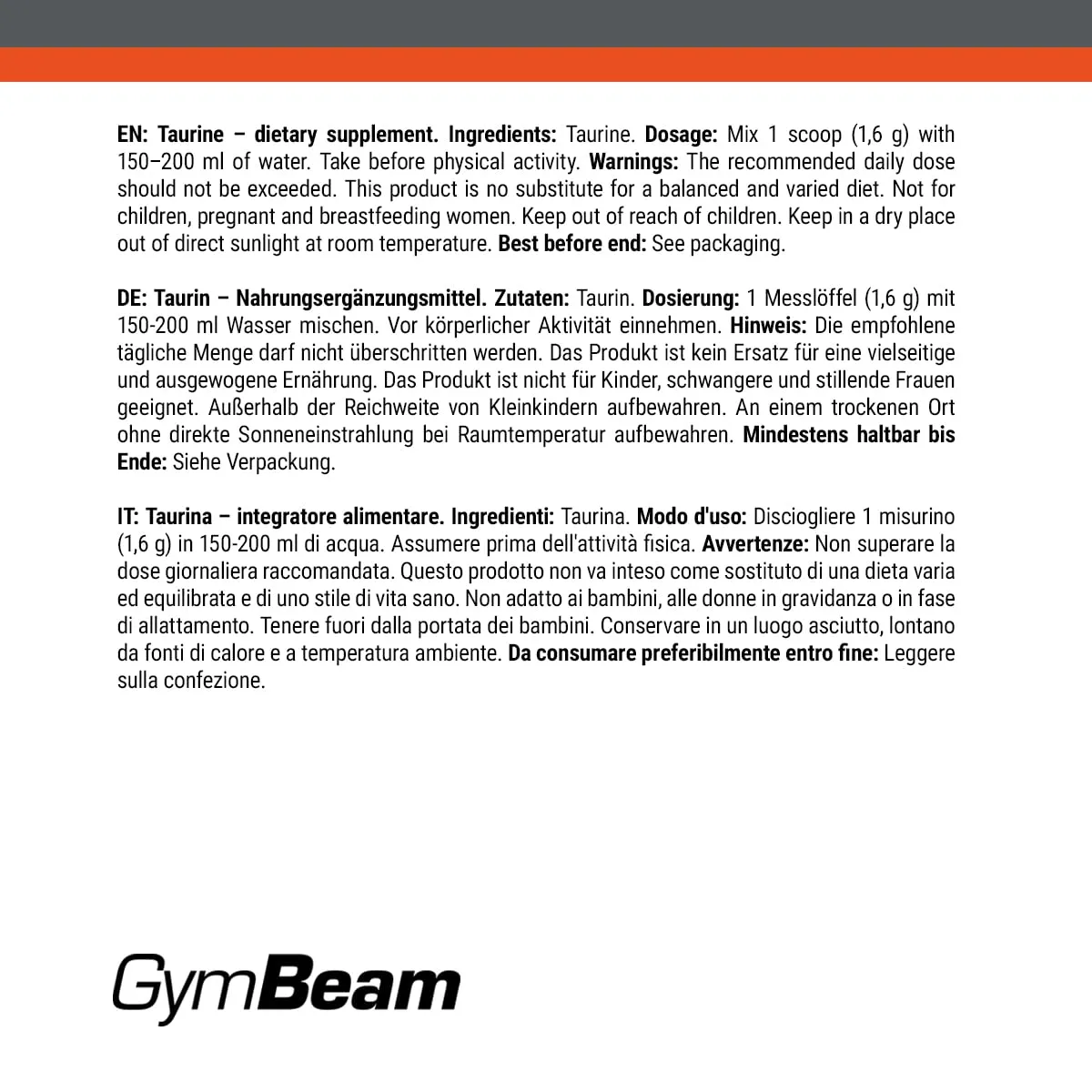 GymBeam Taurin Pulver vegan 250g