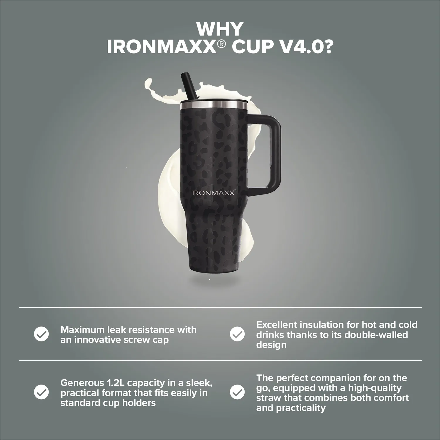 IronMaxx Cup V4.0 Trinkbecher 1200ml Leo Black isoliert