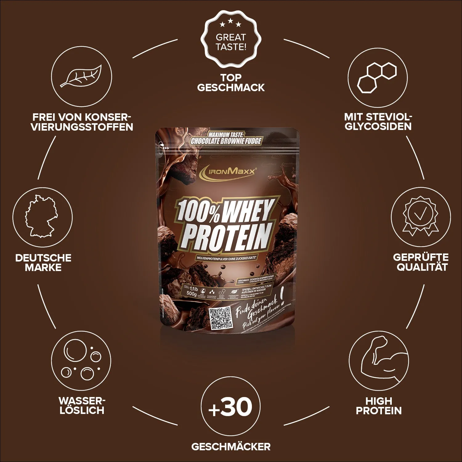 IronMaxx 100% Whey Protein Pulver 500g Brownie Fudge 80% Eiweiß