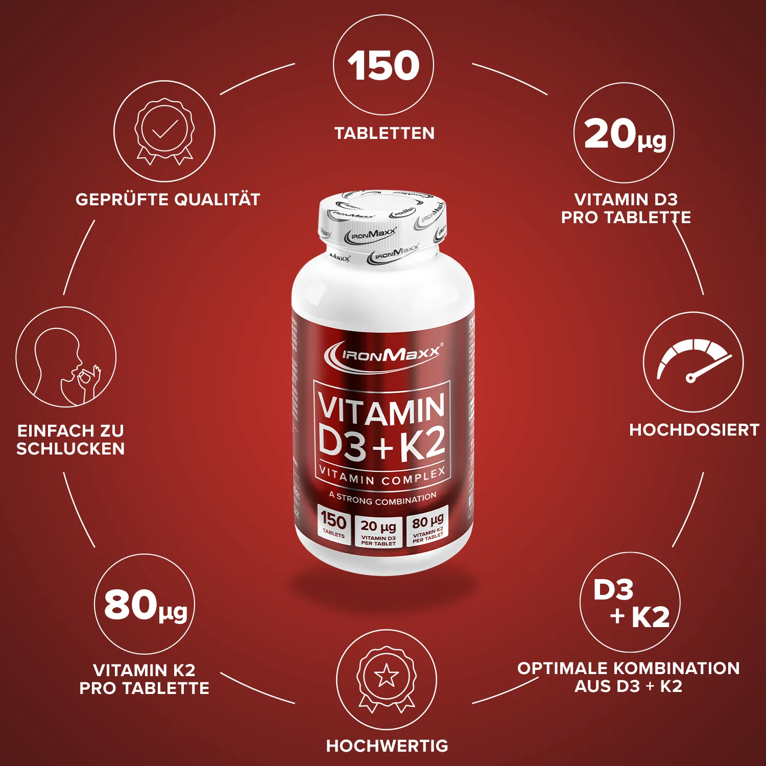 IronMaxx Vitamin D3 + K2 Tabletten 150 Stück für Knochen