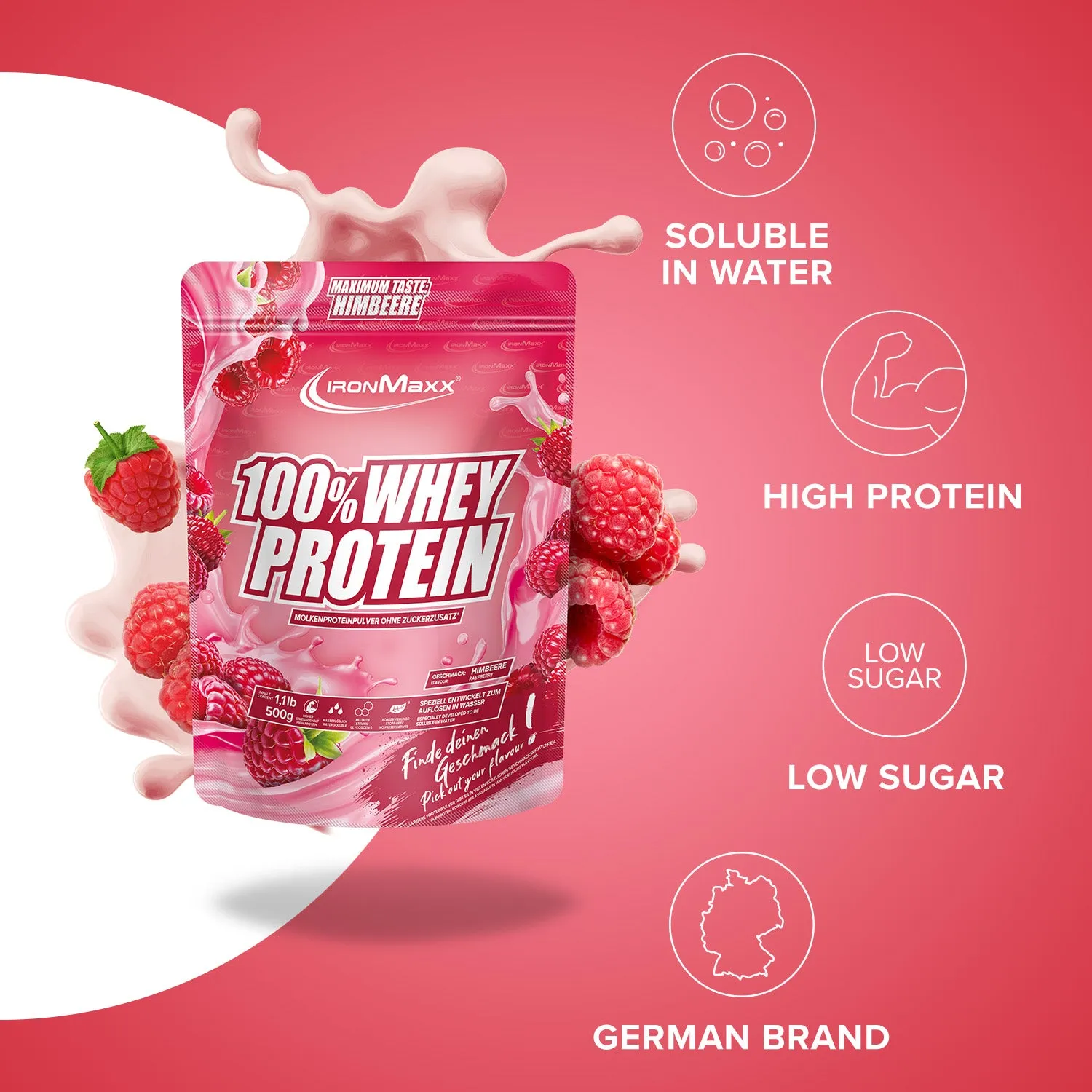 IronMaxx 100% Whey Protein Himbeere 500g fruchtig