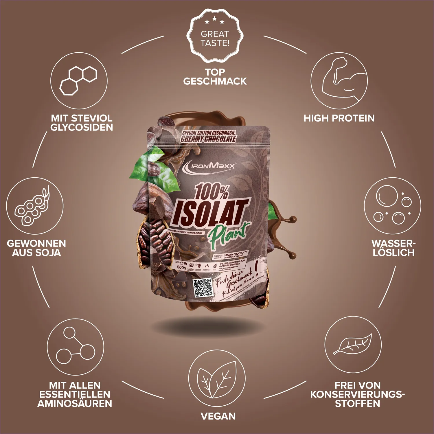 IronMaxx 100% Isolat Plant Proteinpulver 500g Chocolate vegan