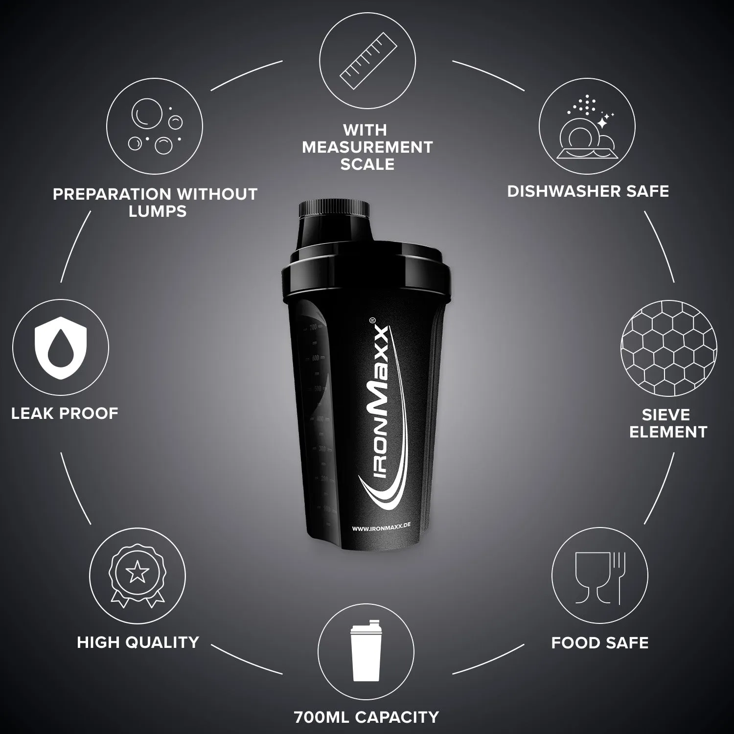 IronMaxx Shaker 700ml Schwarz klumpenfrei
