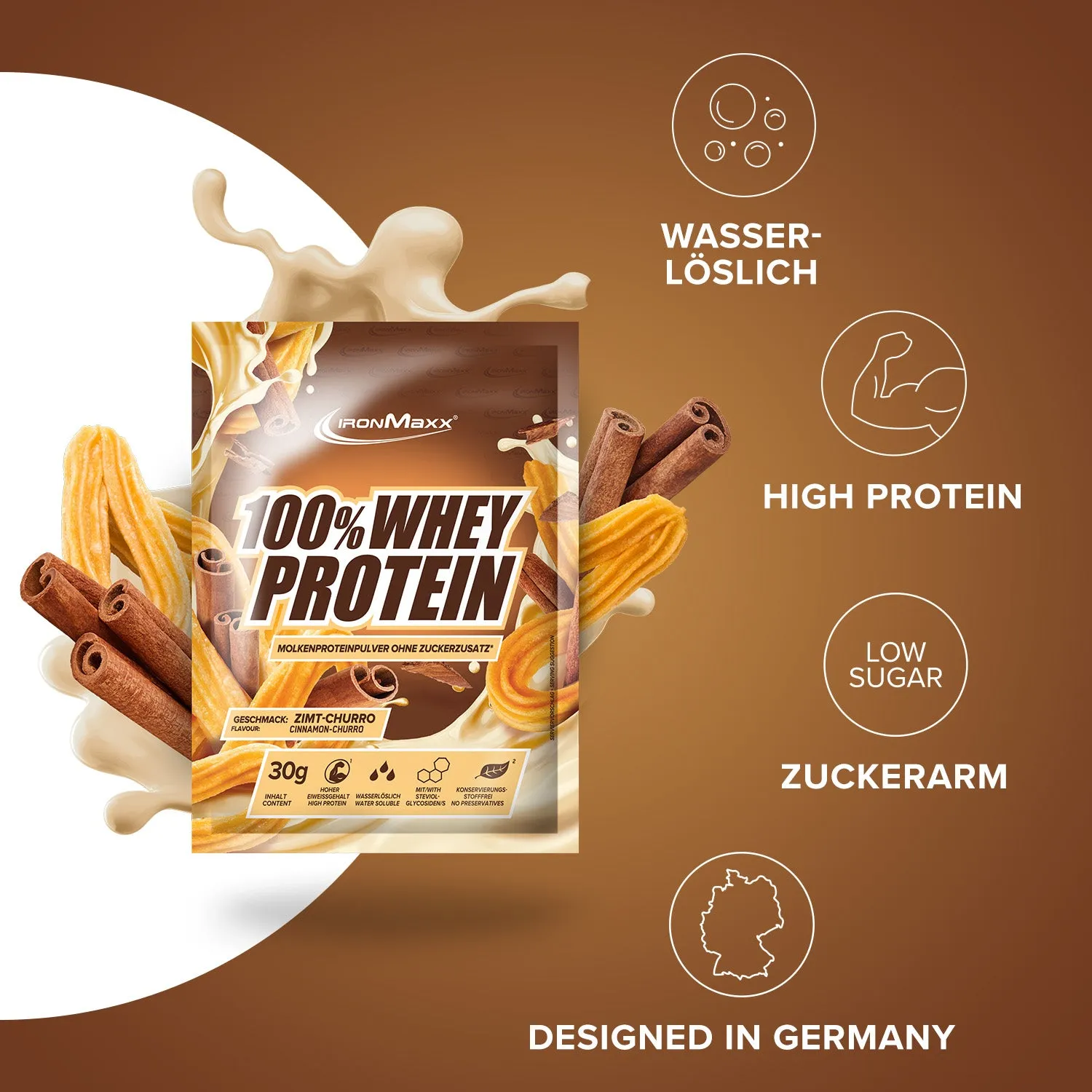 IronMaxx 100% Whey Protein Cinnamon Churro 30g Probe mit BCAAs
