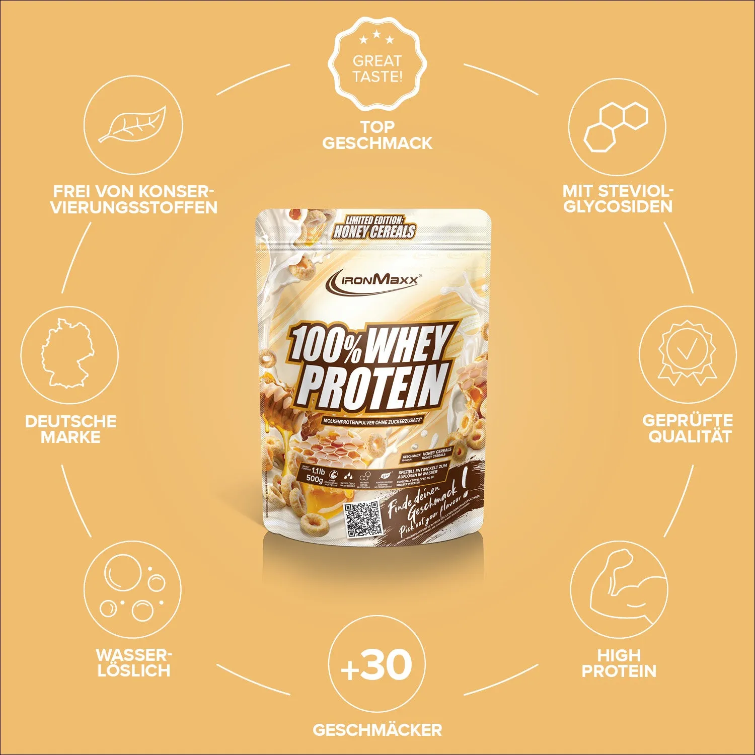 IronMaxx 100% Whey Protein Pulver 500g Honey Cereal