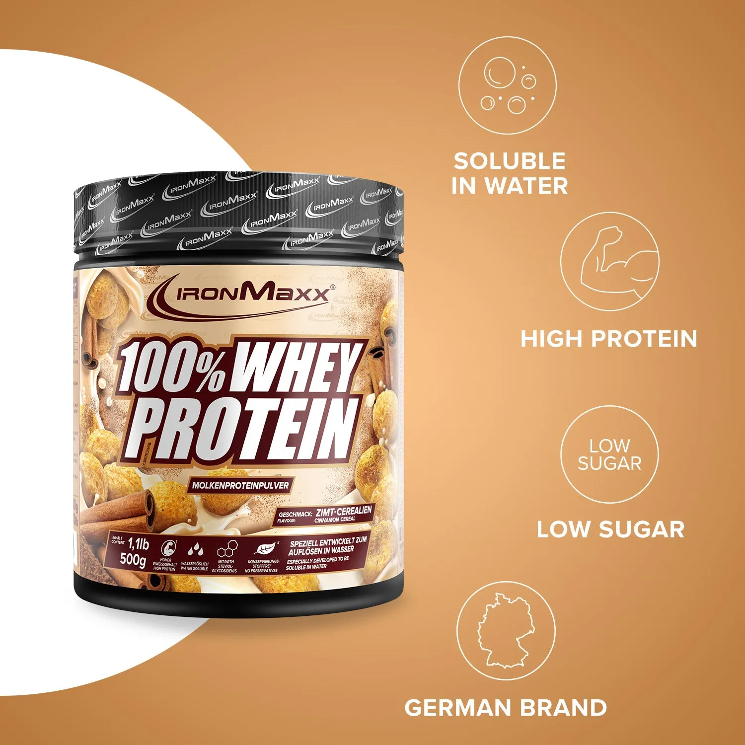 IronMaxx 100% Whey Protein Cinnamon Cereal 500g zuckerfrei