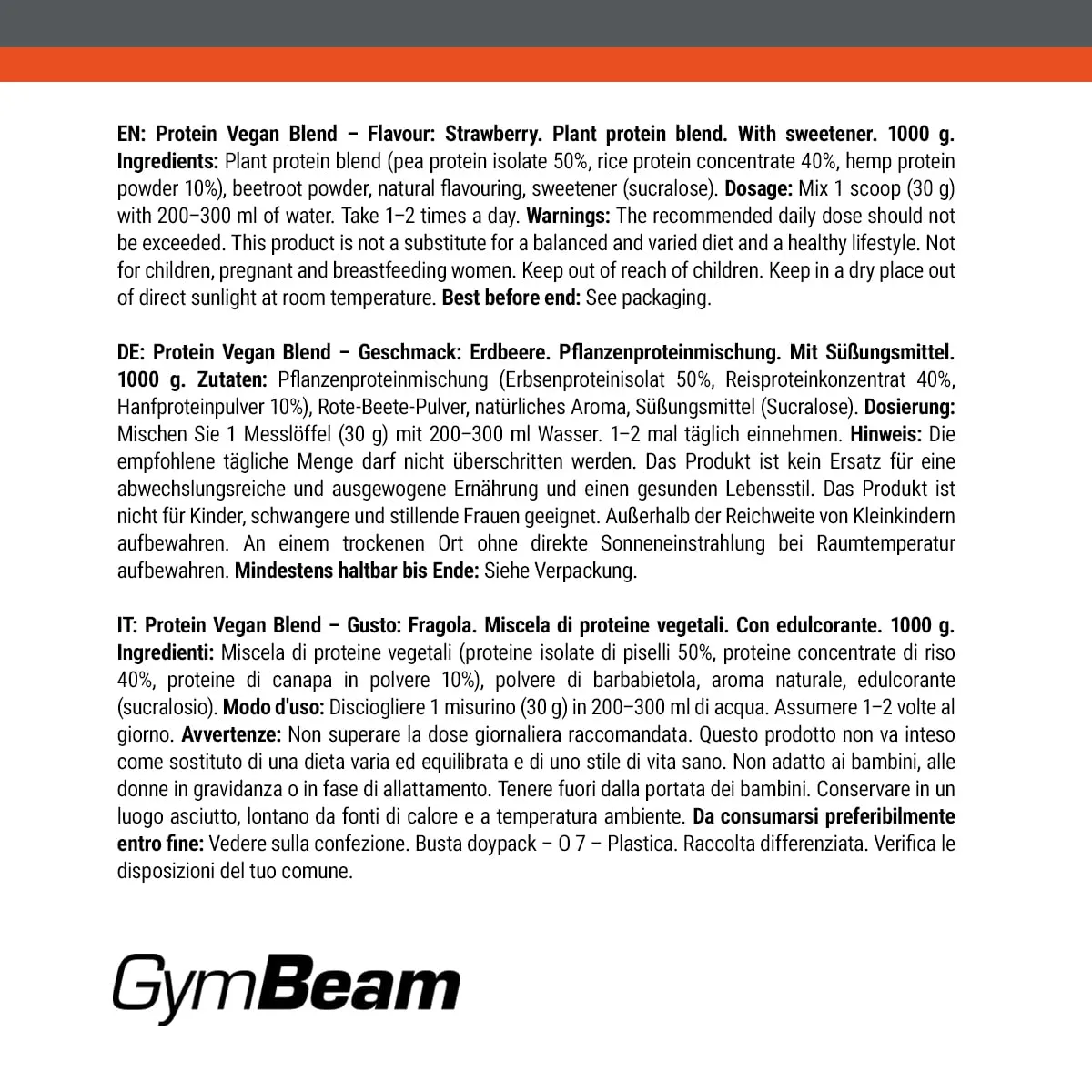 GymBeam Vegan Blend Protein Erdbeere 1000 g laktosefrei