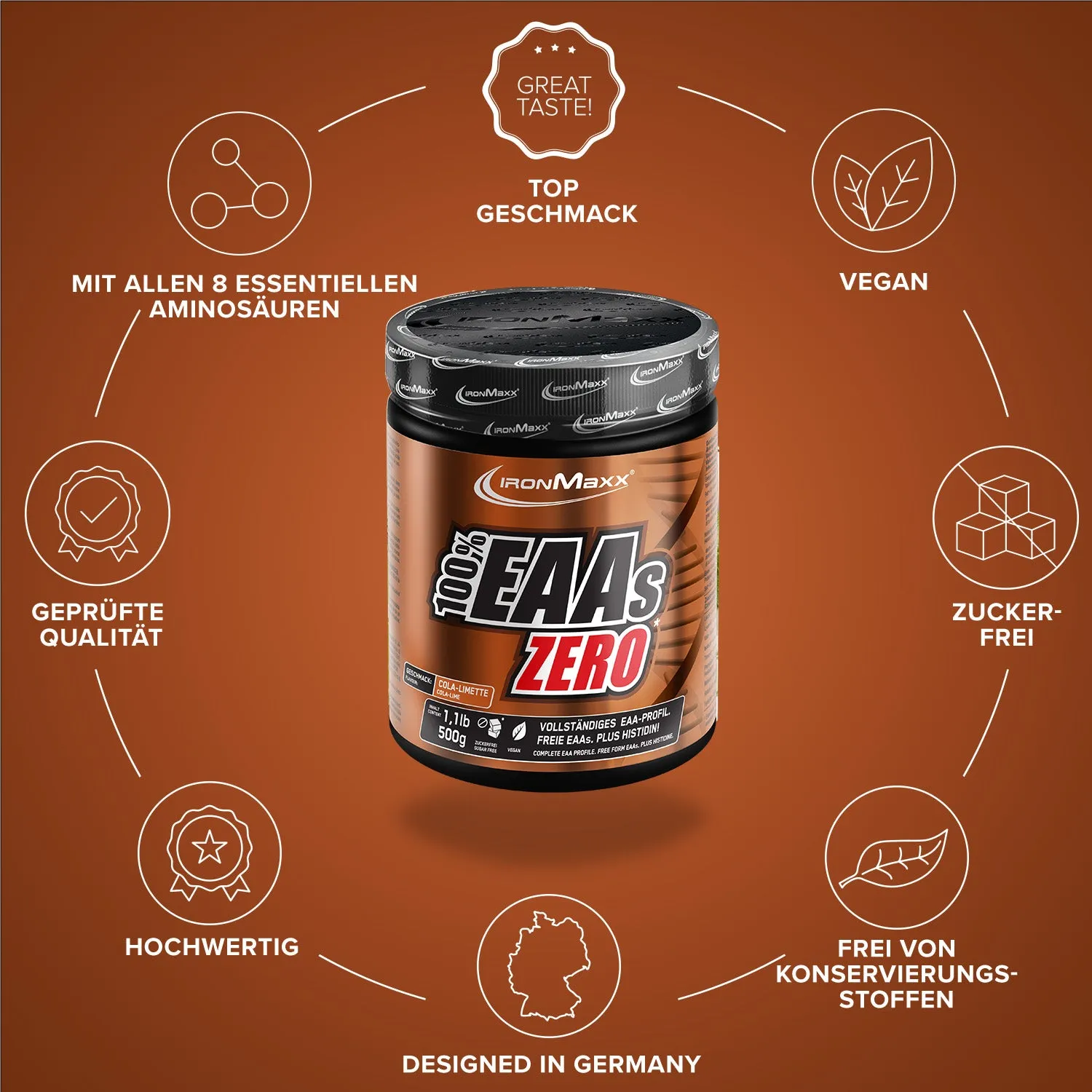 IronMaxx 100% EAAs Zero EAA-Pulver 500g Cola Lime zuckerarm