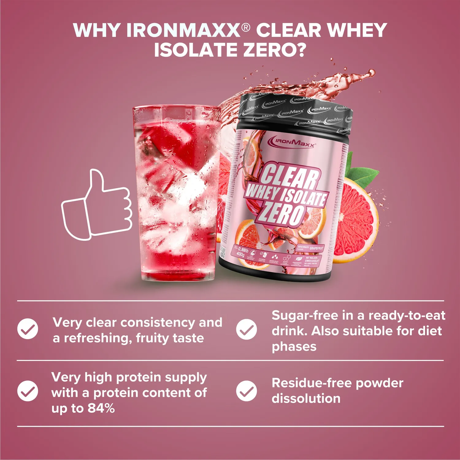 IronMaxx Clear Whey Isolate ZERO Grapefruit 400 g
