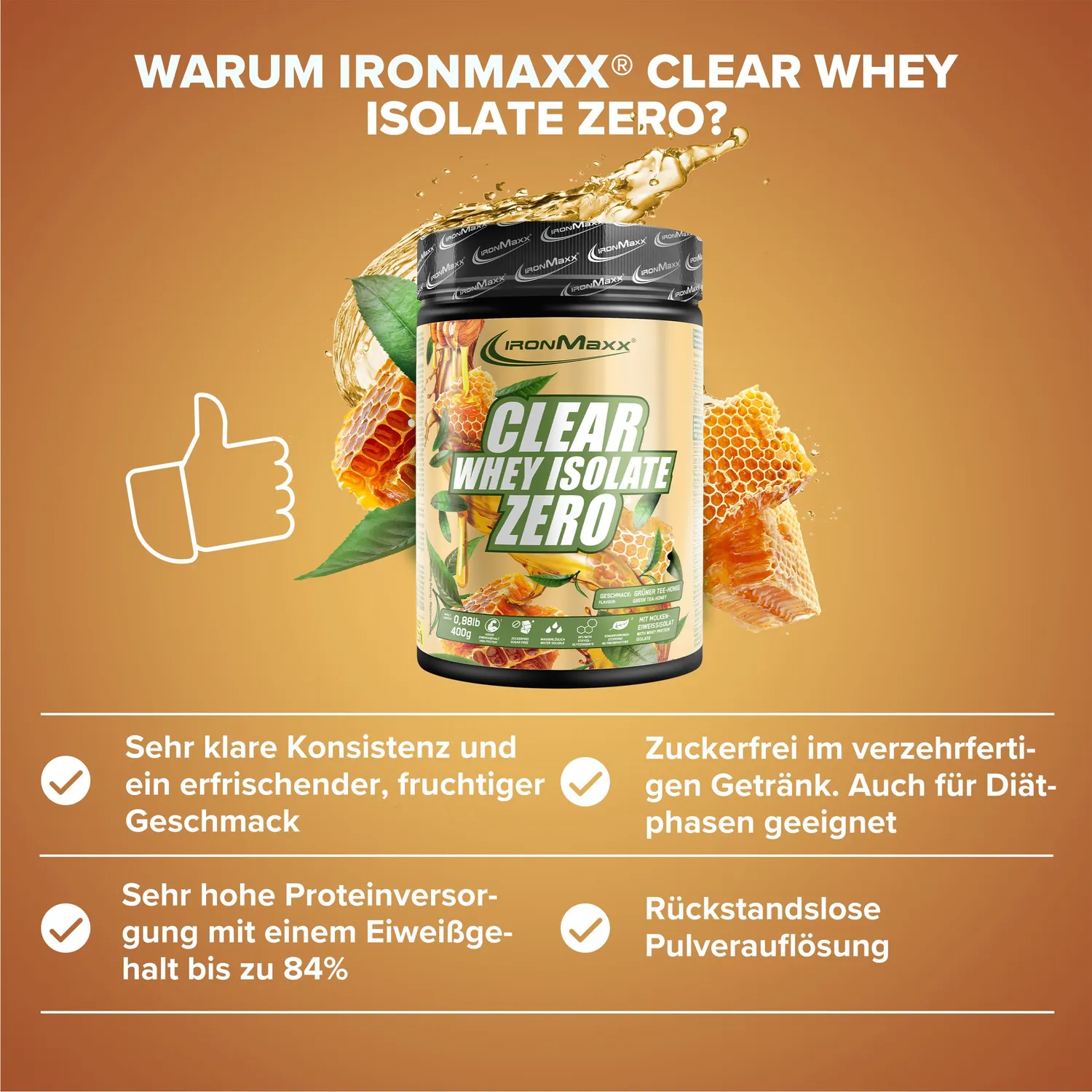 IronMaxx Clear Whey Isolate Zero Proteinpulver Honey Green Tea 400g zuckerfrei