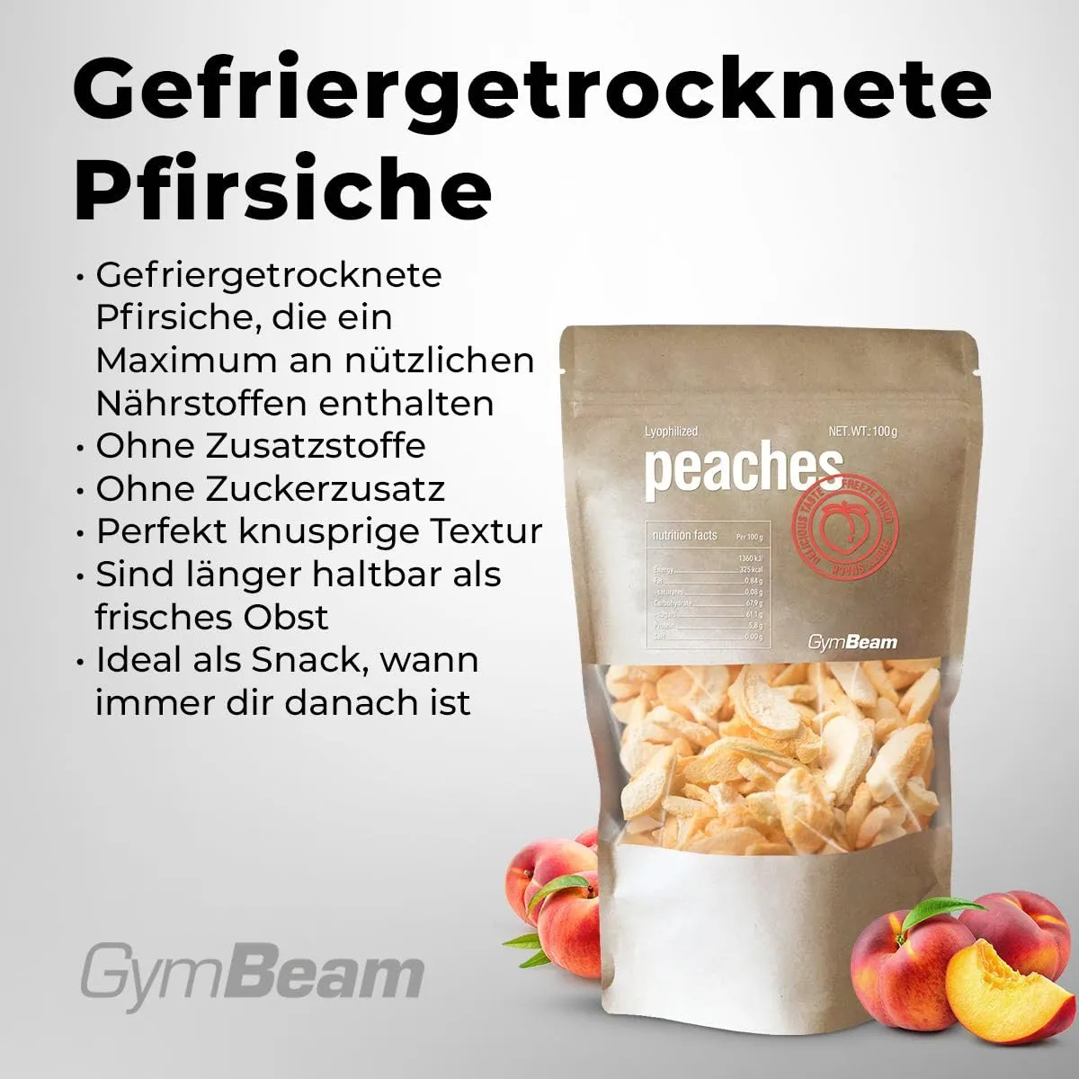 GymBeam Gefriergetrocknete Pfirsiche Snack 100 g zuckerfrei