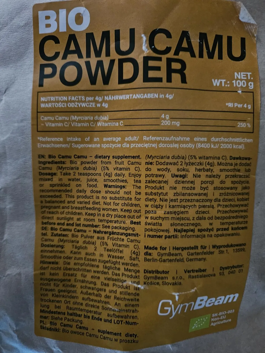 GymBeam Camu Camu Pulver Bio 100 g 200 mg Vitamin C