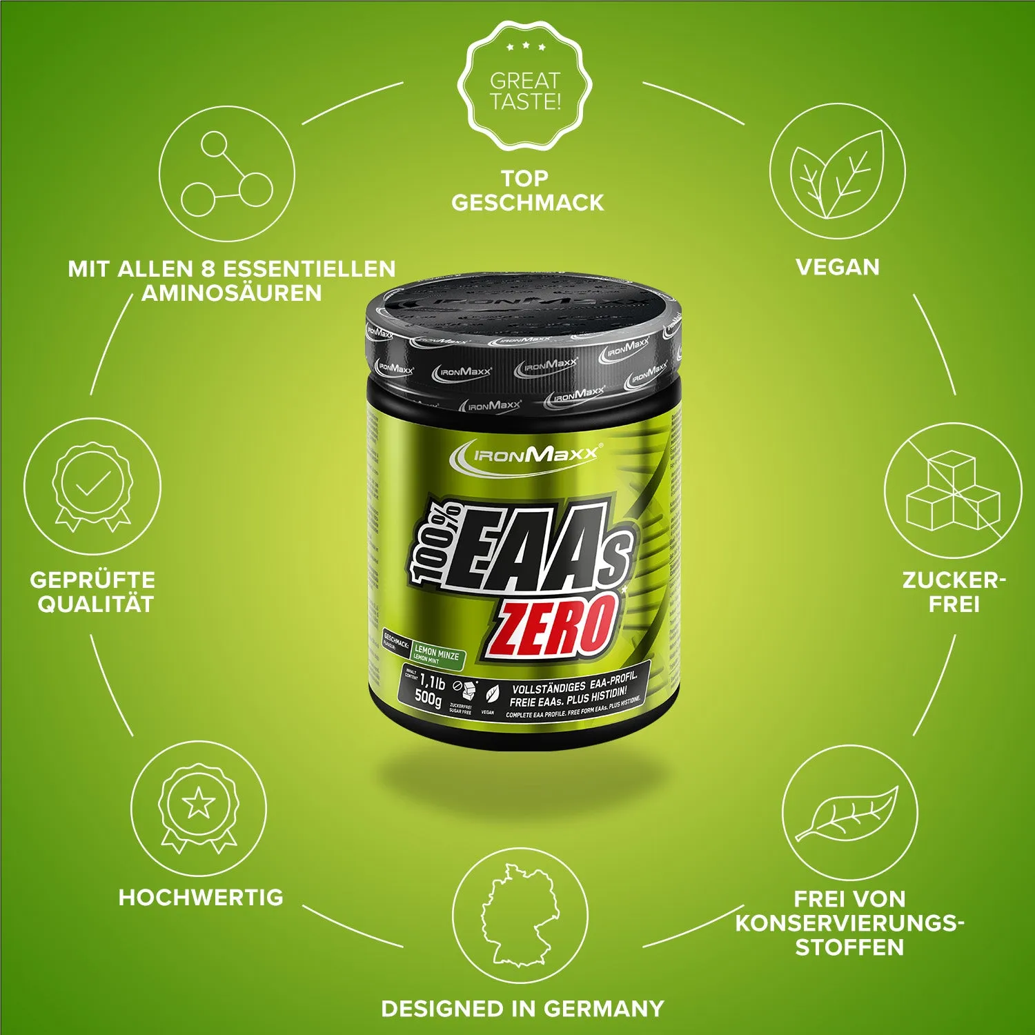 IronMaxx 100% EAAs Zero Pulver 500g Lemon-Minze