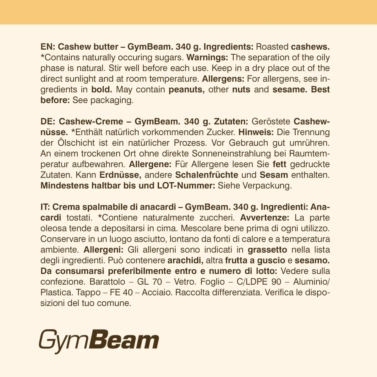 GymBeam Cashewbutter Cashewmus 340 g 100 %