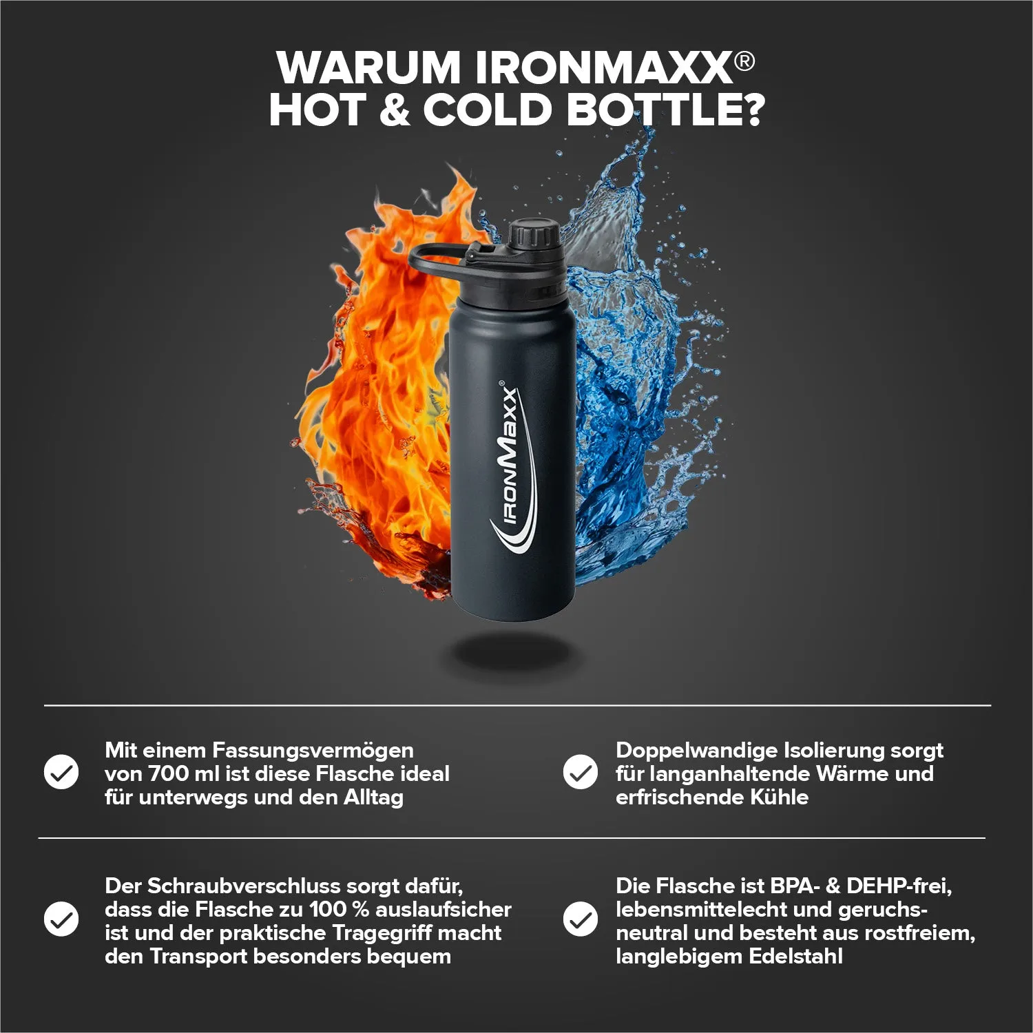 IronMaxx Hot & Cold Bottle Trinkflasche 800ml Deep Black