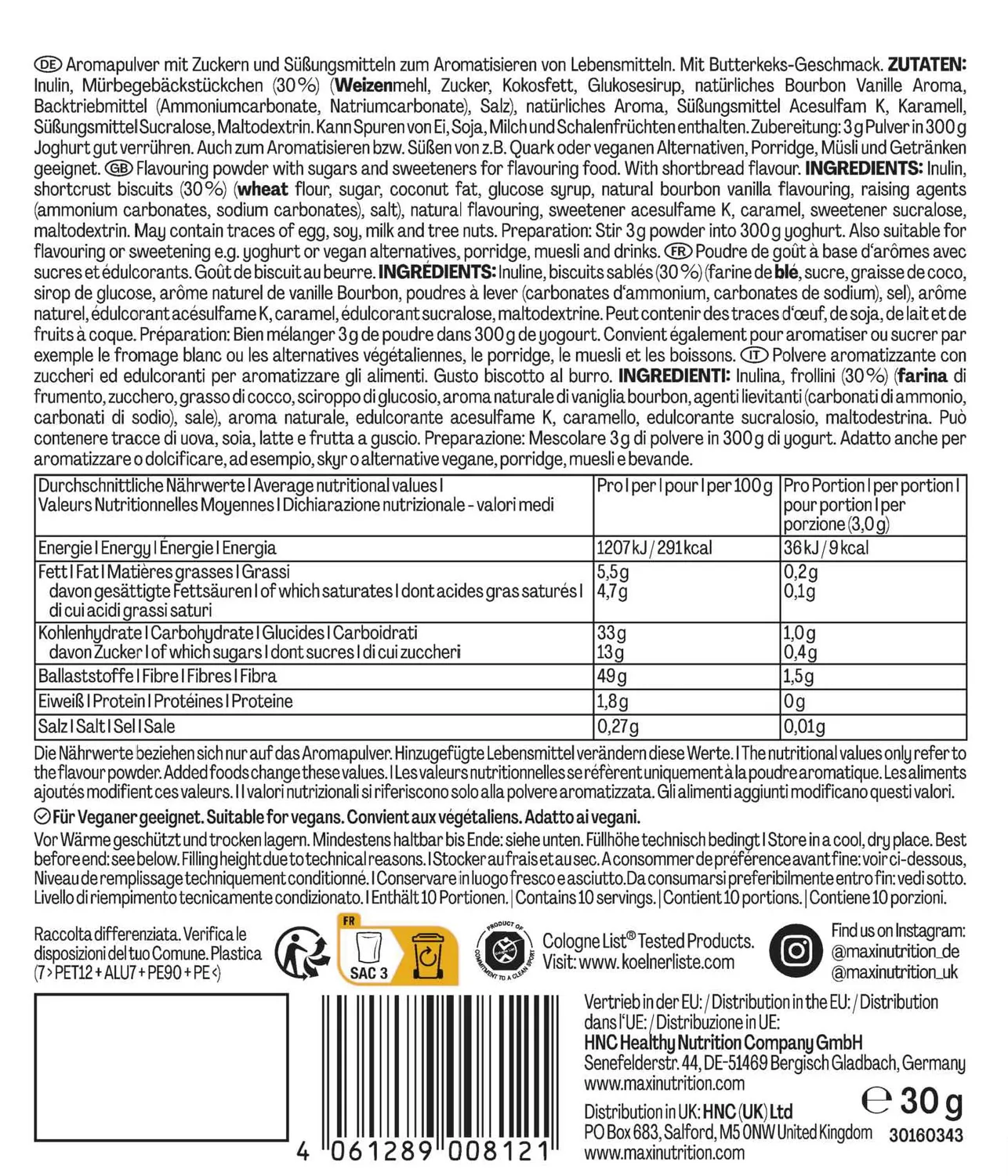 MaxiNutrition MaxFlavour Butter Cookie Geschmackspulver 12x30g