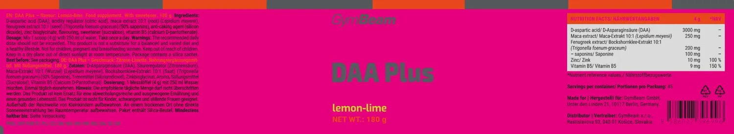 GymBeam DAA Plus Pulver 180 g Zitrone-Limette