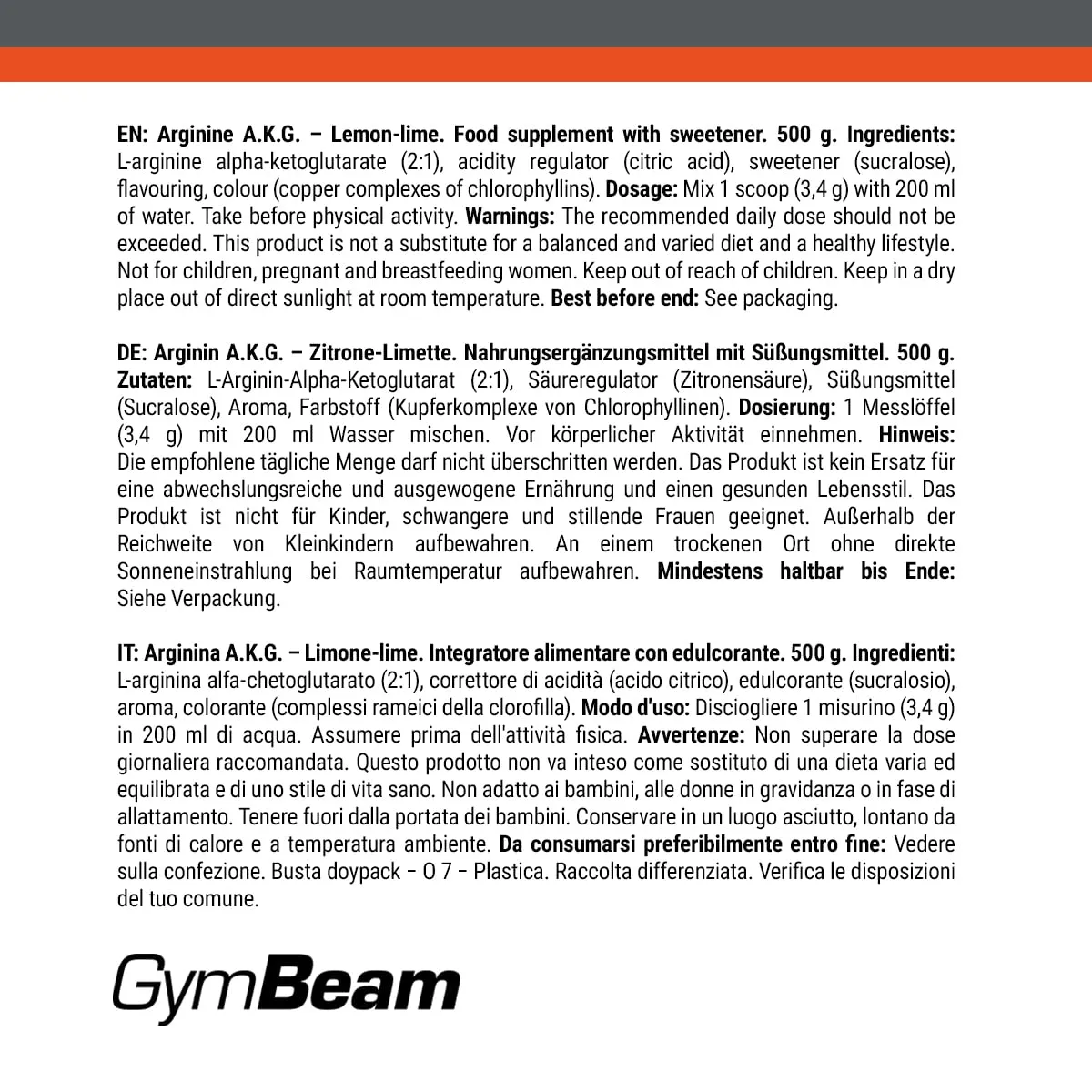 GymBeam Arginin A.K.G Pulver 500g Zitrone Limette Instant