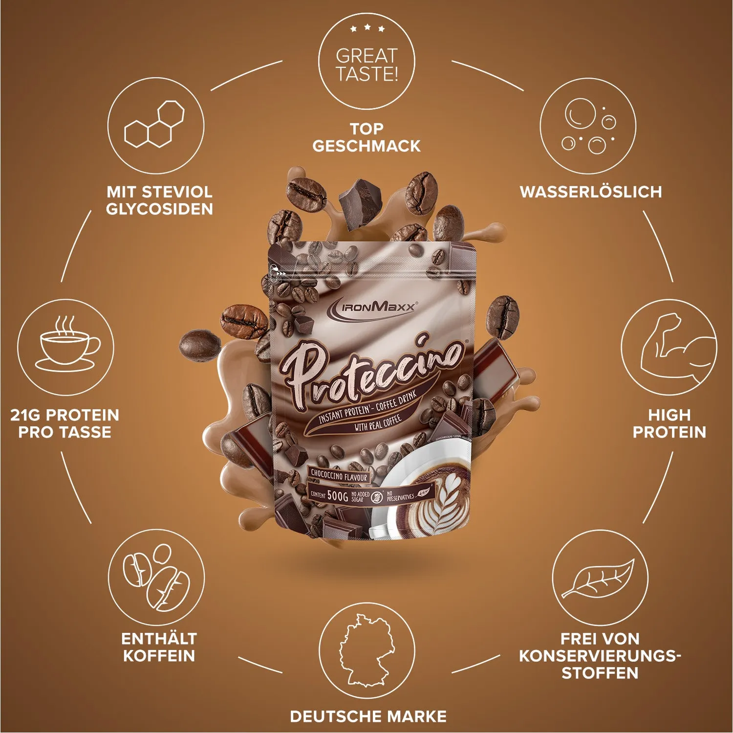 IronMaxx Proteccino Protein-Kaffee Chocolate 500g mit Koffein