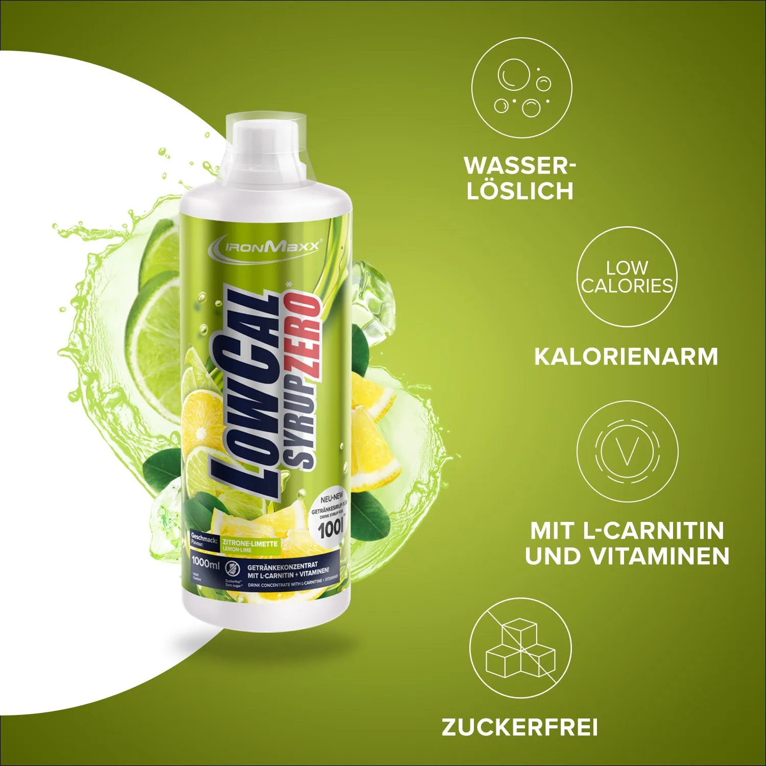 IronMaxx LowCal Syrup Zero Sirup 1000ml Zitrone-Limette