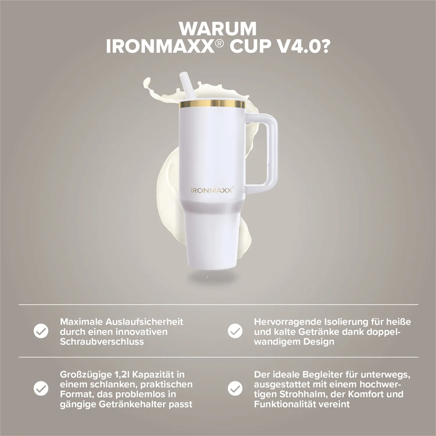 IronMaxx Cup V4.0 Becher 1200ml Whey White Griff