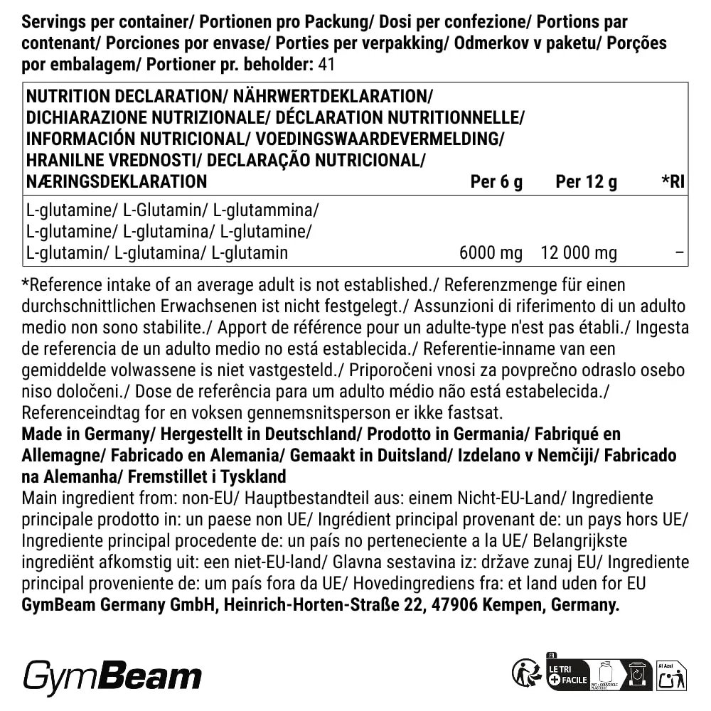 GymBeam L-Glutamin Pulver geschmacksneutral 250 g vegan