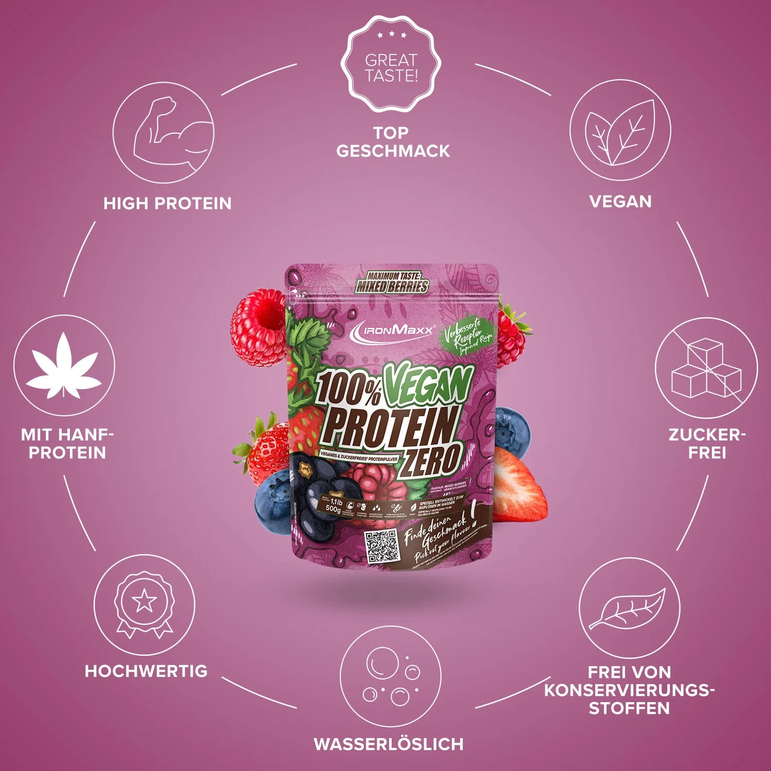 IronMaxx 100% Vegan Protein Zero Pulver Mixed Berries 500g zuckerfrei