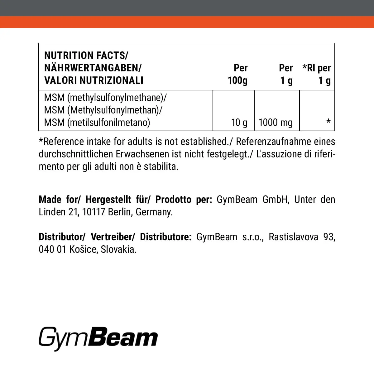 GymBeam MSM Pulver 250 g für Gelenke Kollagen