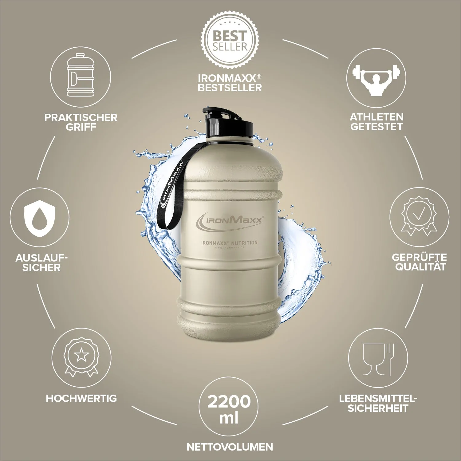 IronMaxx Water Gallon Trinkflasche 2200ml Sandstone Beige BPA-frei