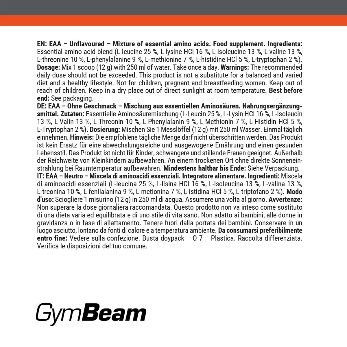 GymBeam EAA Pulver Aminosäuren 250 g neutral ohne Geschmack
