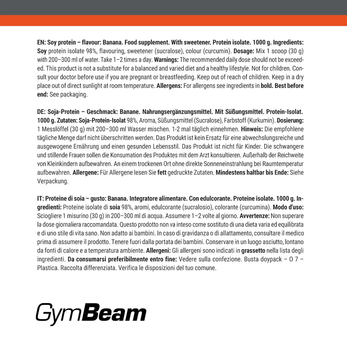 GymBeam Soja Protein Isolat Proteinpulver 1000g Banane vegan