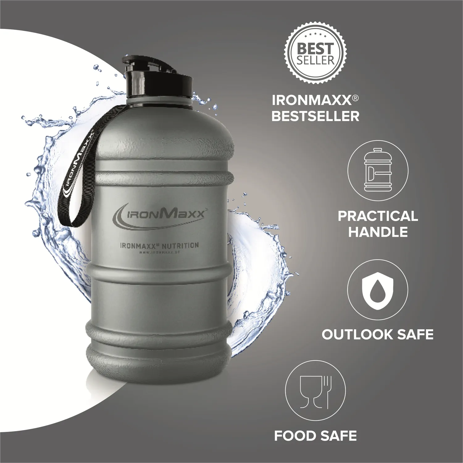IronMaxx Water Gallon Trinkflasche Matt Solid Ash Grey 2200ml BPA-frei