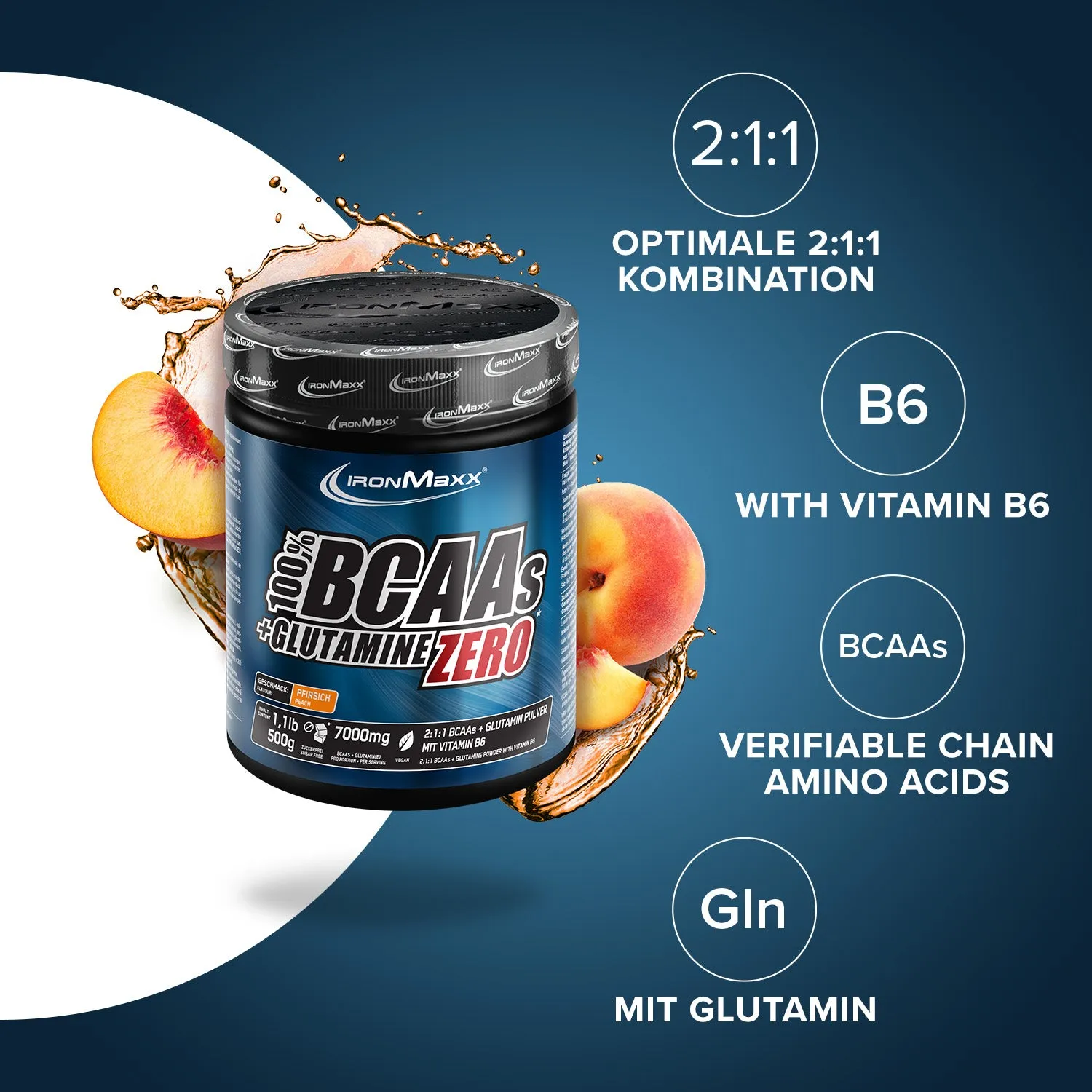 IronMaxx BCAA Glutamine Zero Aminopulver 500g Pfirsich