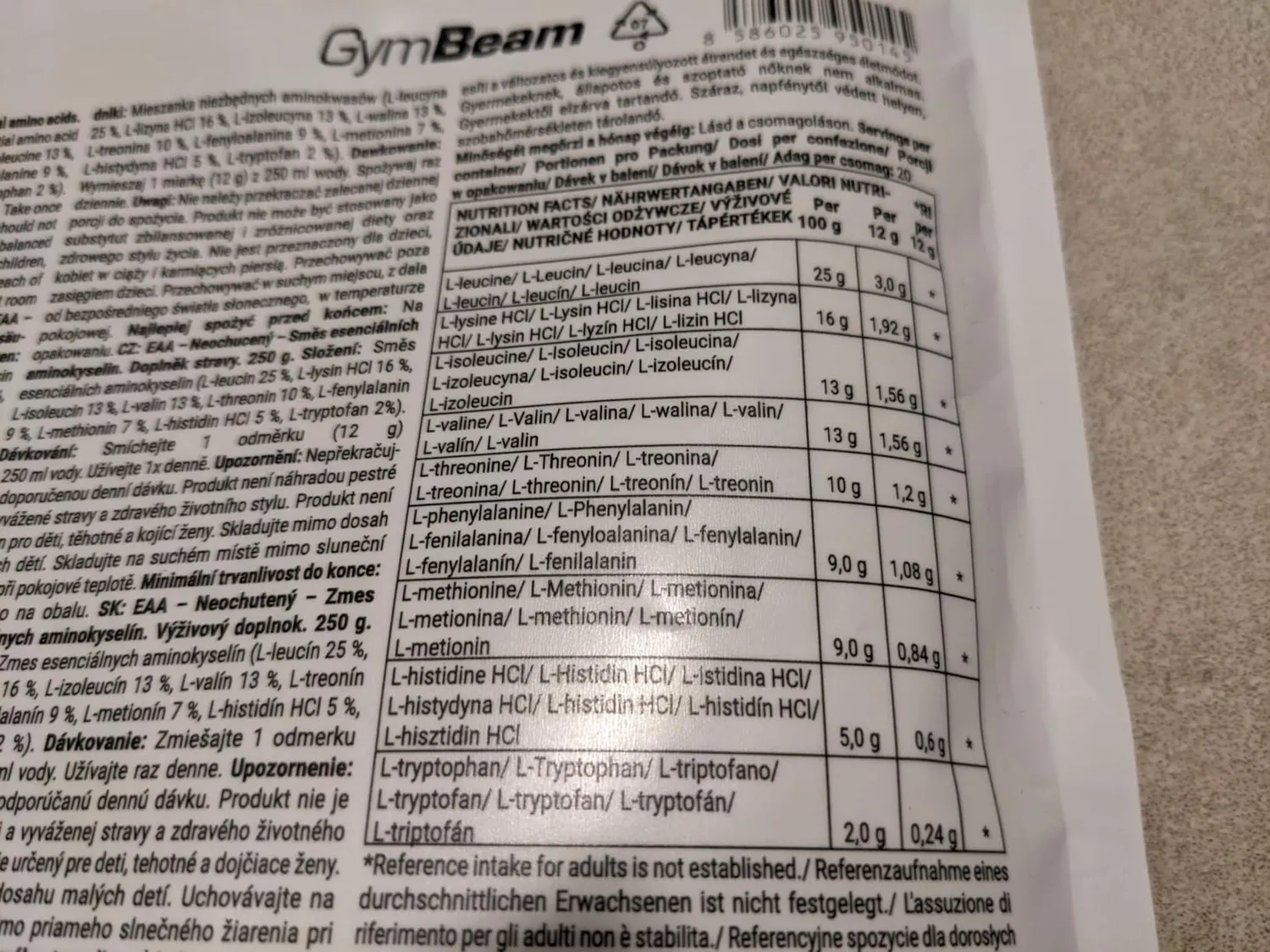 GymBeam EAA Pulver Aminosäuren 250 g neutral ohne Geschmack