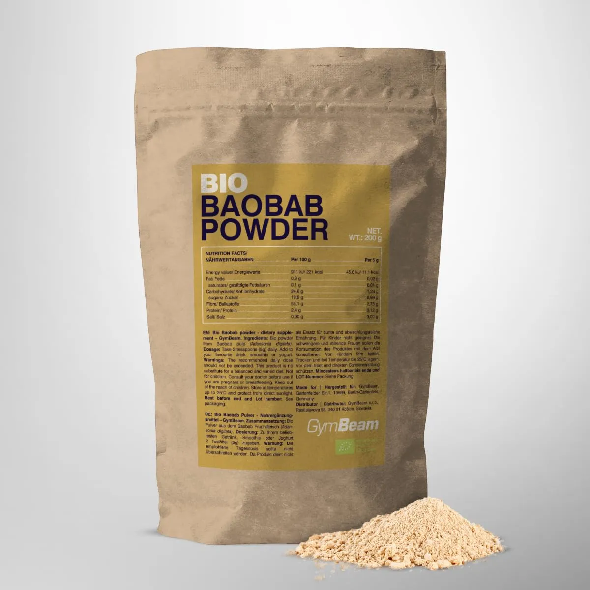 GymBeam Baobab Pulver BIO 200g ballaststoffreich
