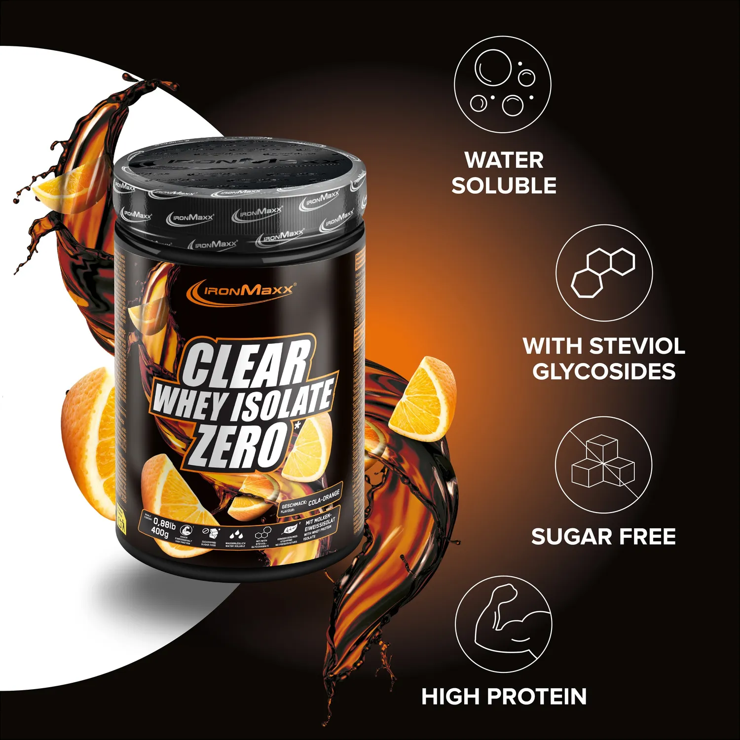 IronMaxx Clear Whey Isolate ZERO Cola Orange 400g zuckerfrei