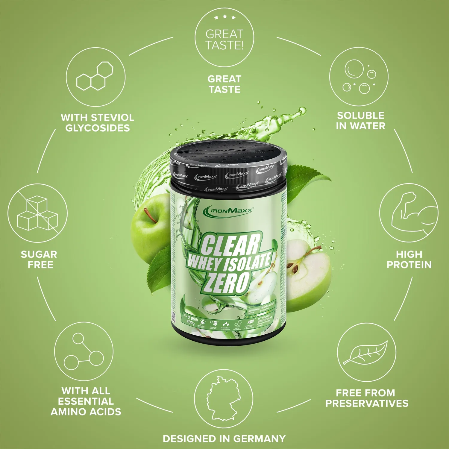 IronMaxx Clear Whey Isolate Zero Proteinpulver 400g Green Apple zuckerfrei