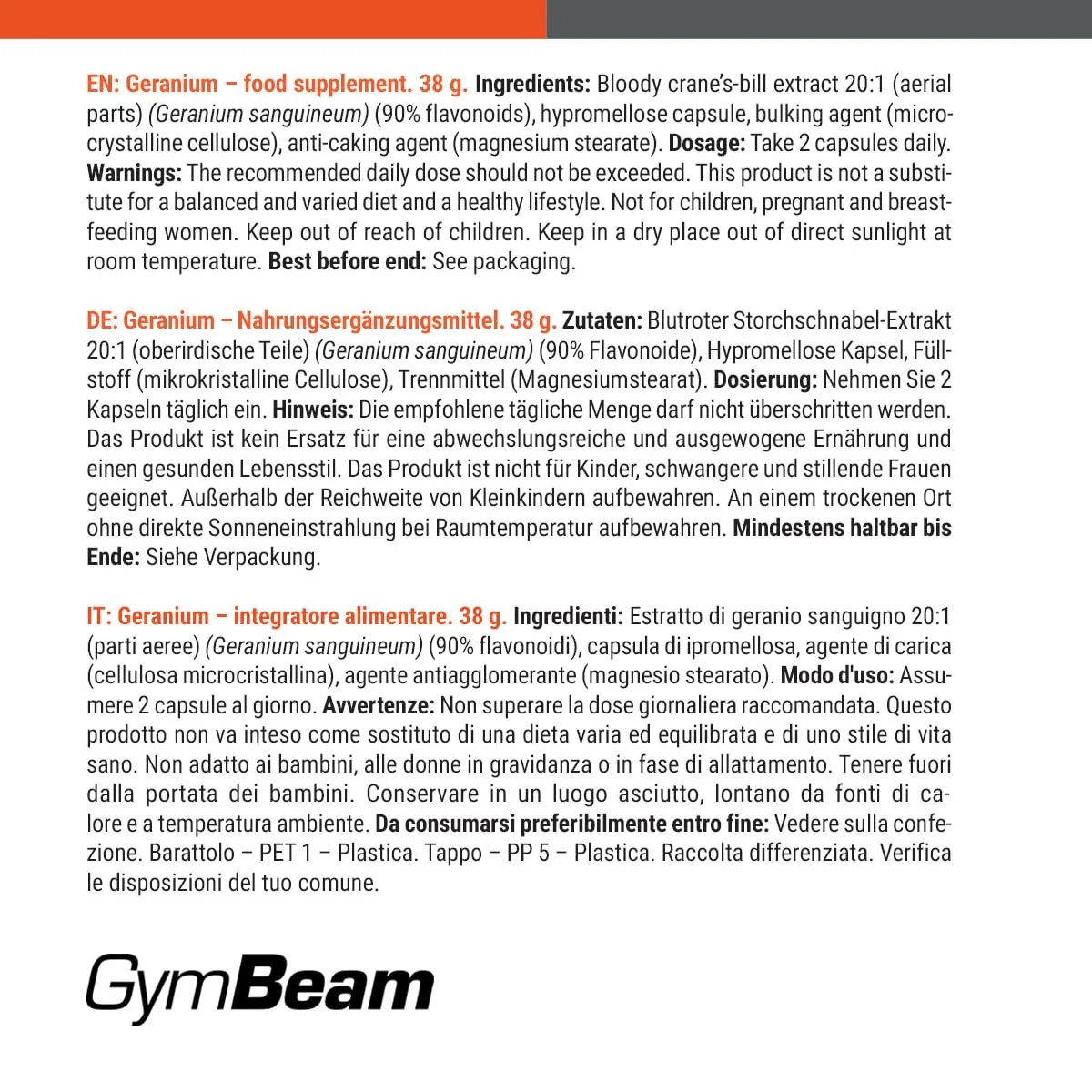 GymBeam Geranium Kapseln 90 Kapseln 20:1 Extrakt