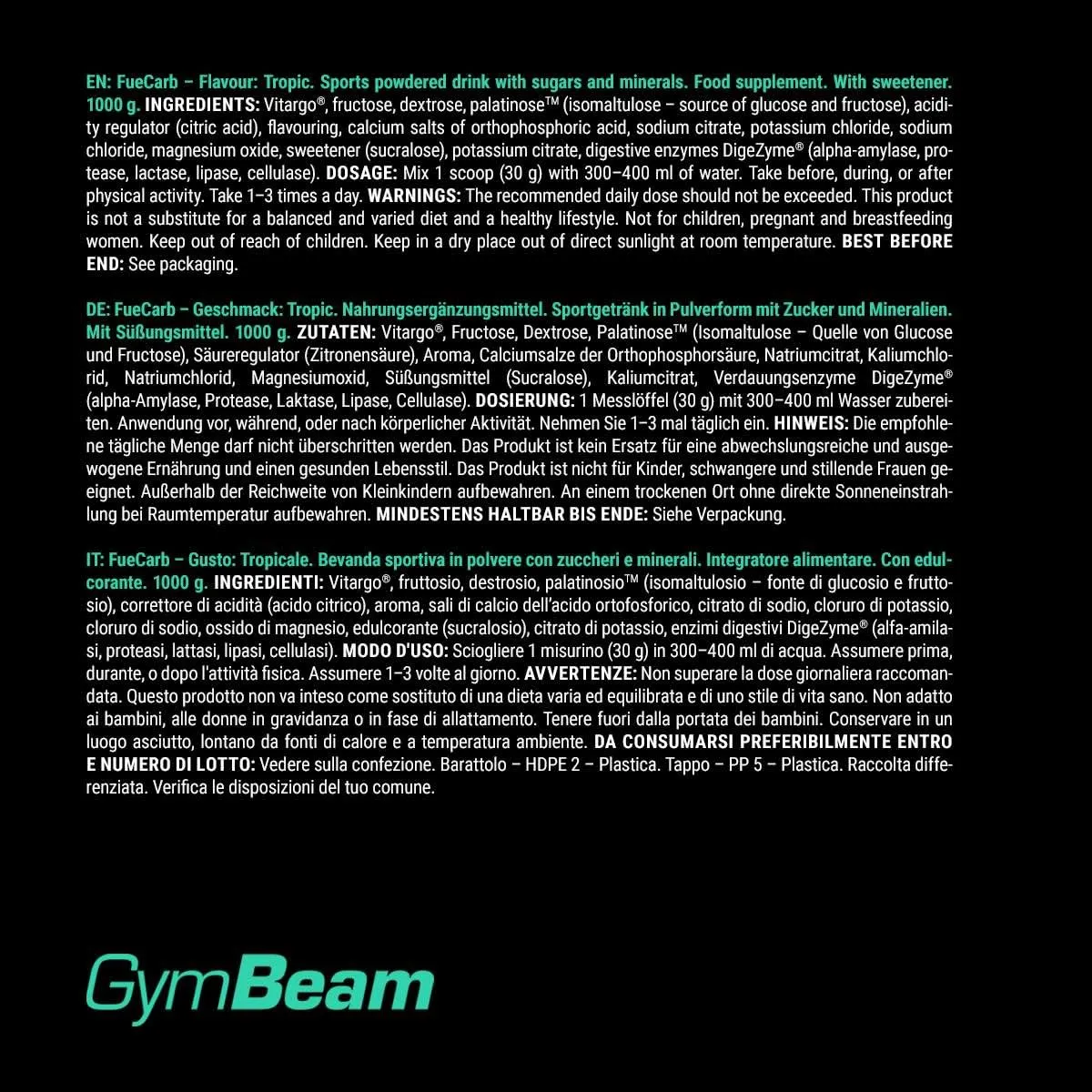 GymBeam FueCarb Pulver 1000 g Tropisch mit Vitargo