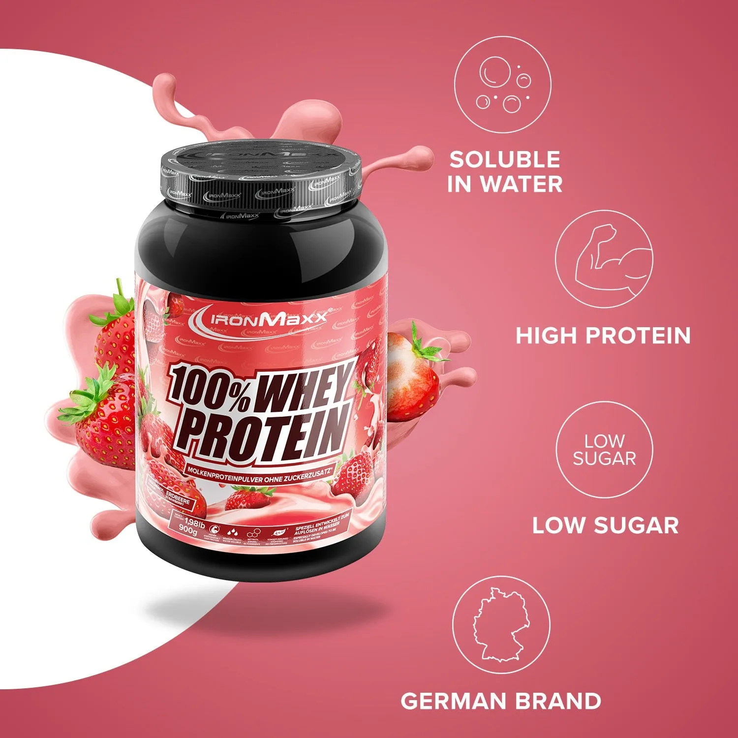 IronMaxx 100% Whey Protein Strawberry 900g Muskelaufbau