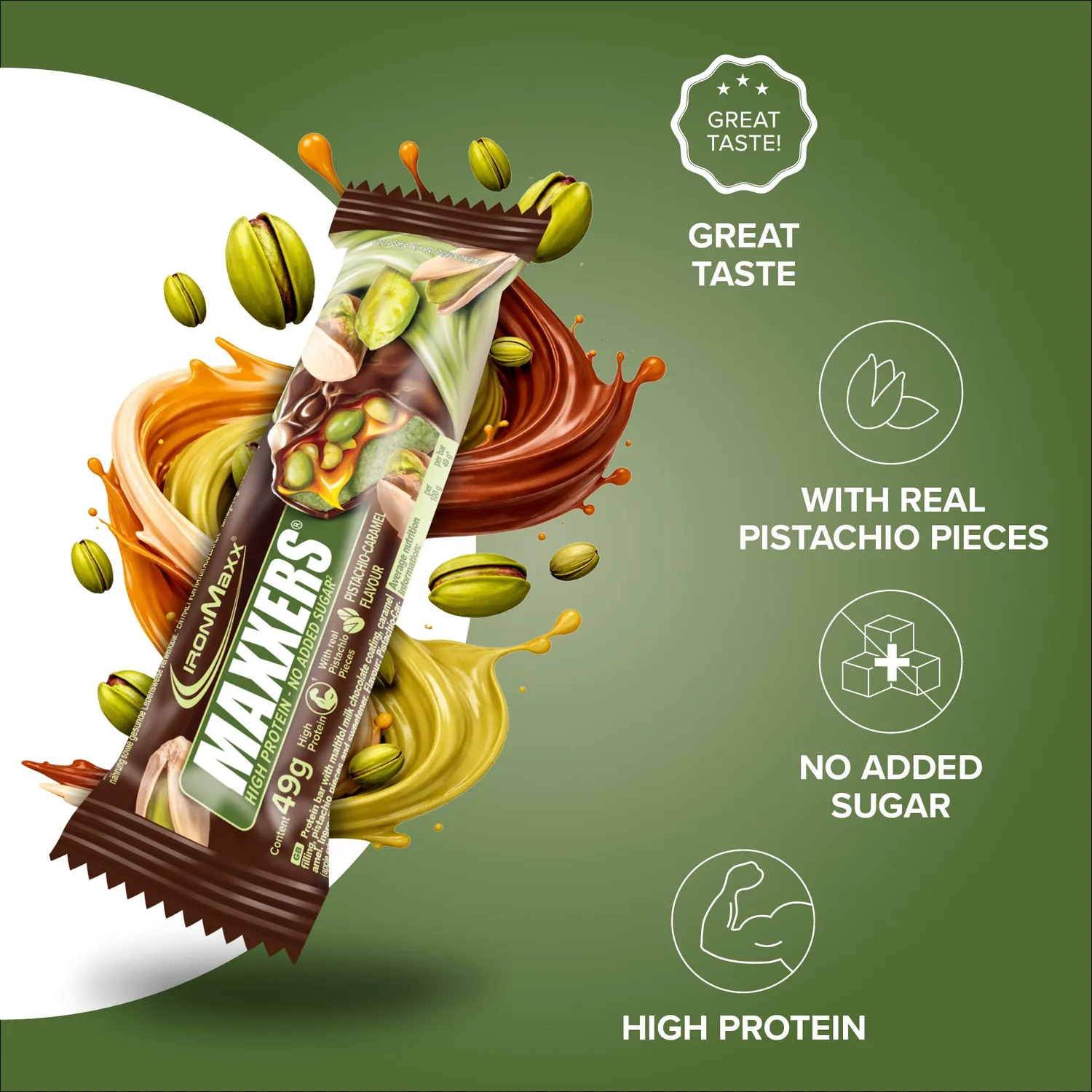IronMaxx Maxxers Proteinriegel 49g Milk Choc Pistachio Caramel 13g Protein